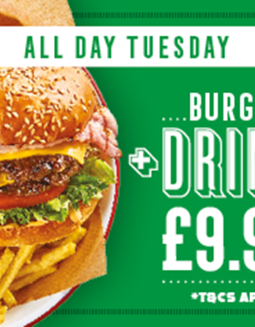 Burger and a drink for £9.95 on Tuesdays