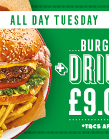Burger and a drink for £9 on Tuesdays